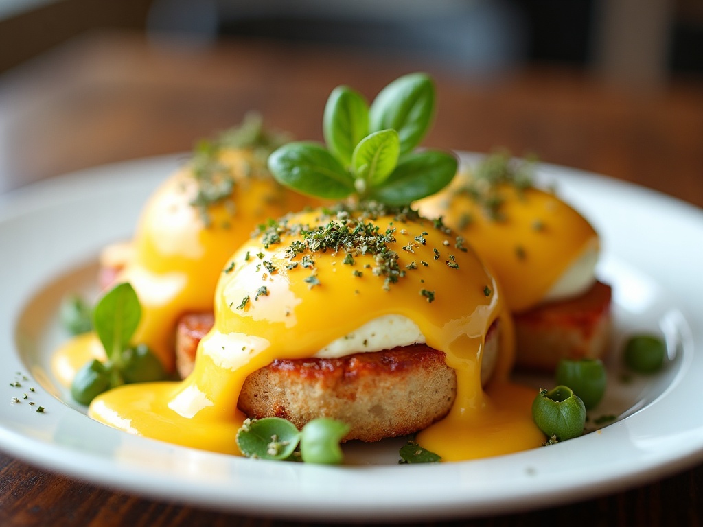 Eggs Benedict with rich hollandaise and microgreens