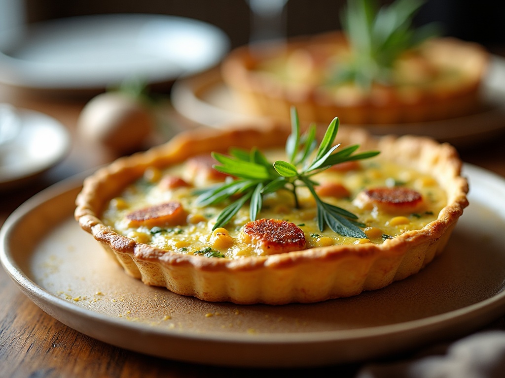 Crab quiche with leeks slice on white plate