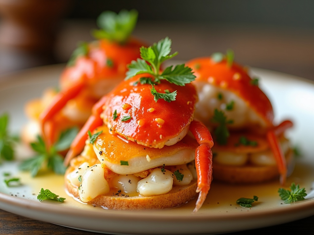 Crab starters on Christmas table with melba toast and avocado