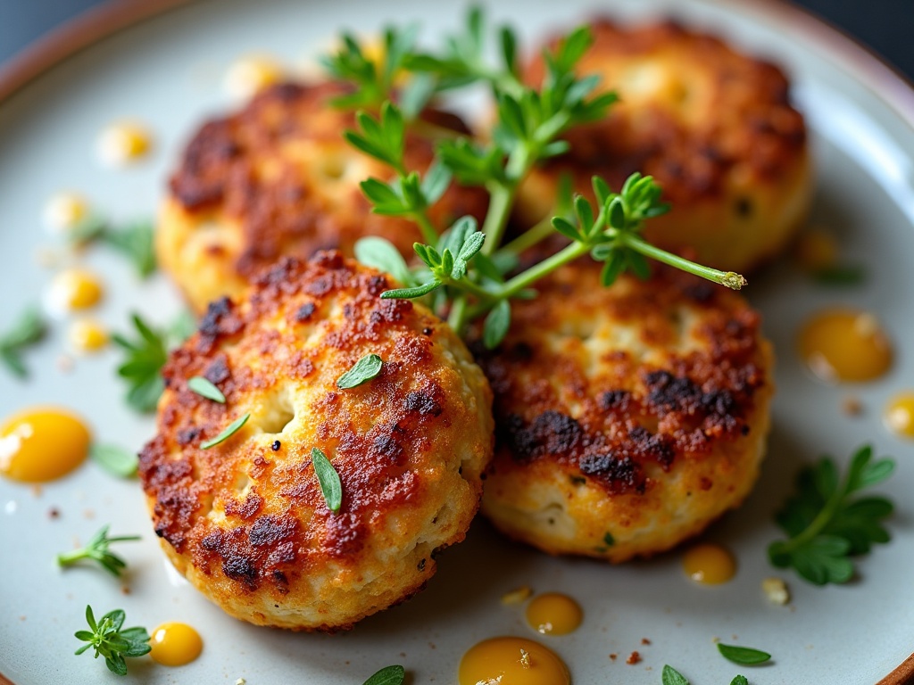 Crab cakes being fried in butter with golden crisp crust