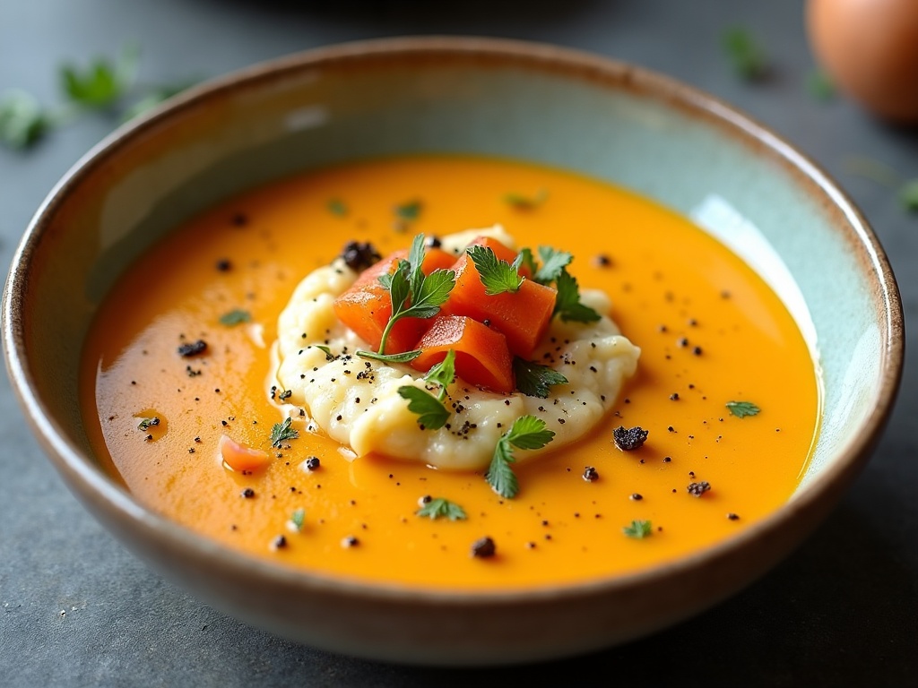 Crab bisque in white bowl with crème fraîche swirl and chives