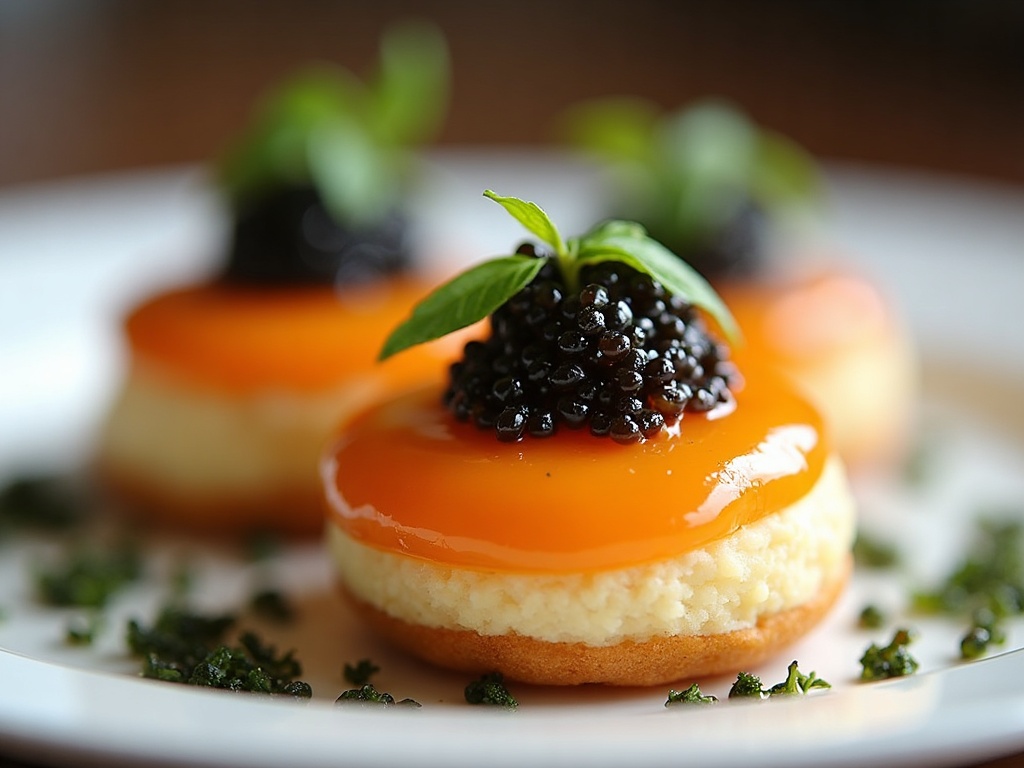 Stack of warm buckwheat blinis topped with Oscietra caviar and crème fraîche on dark plate