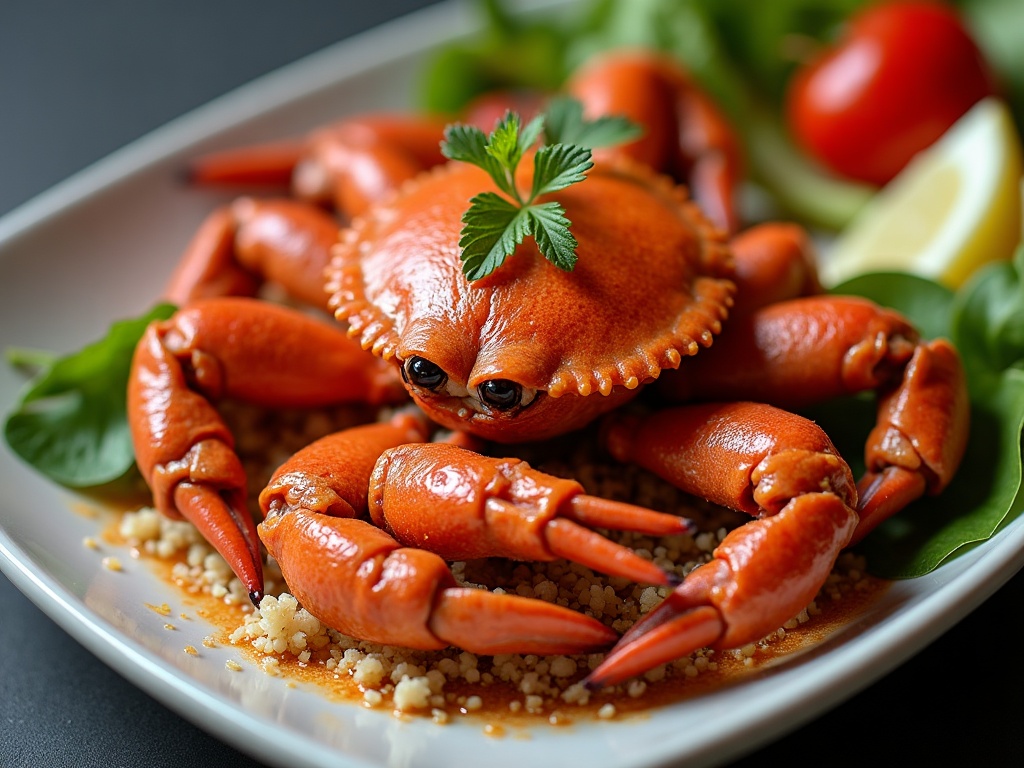 Singapore chilli crab in dark sticky sauce with mantou buns and chopsticks, restaurant style