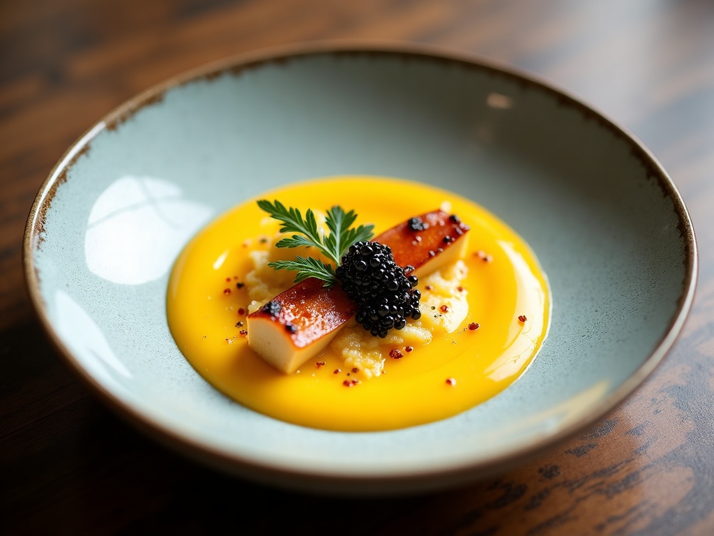 Chilled vichyssoise soup with caviar topping in white bowl