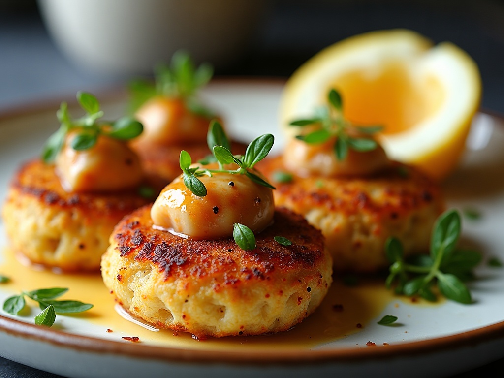 Golden British crab cakes with lemon wedges and fresh herbs on white plate