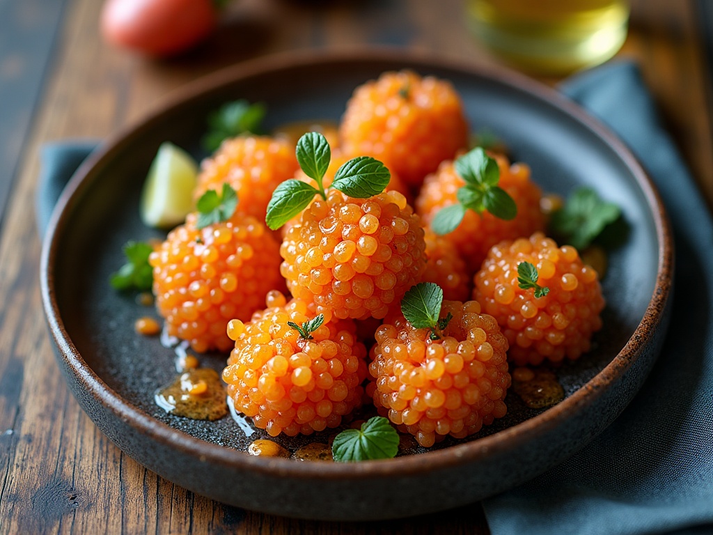 Caviar scrambled eggs being plated in eggshell with golden spoon