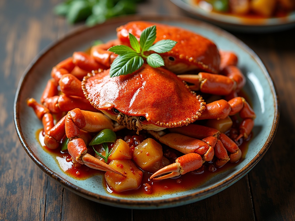 Hands cracking crab claw with chilli crab sauce dripping