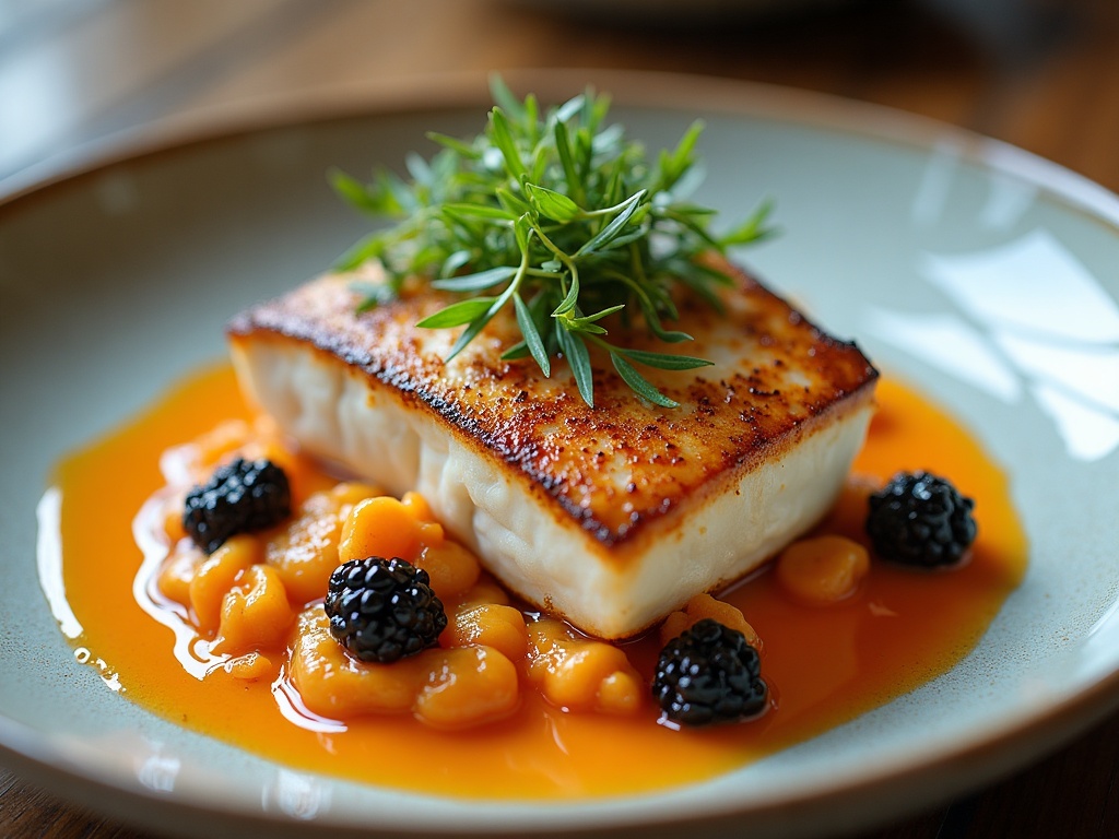 Turbot fillet with caviar champagne sauce on white plate