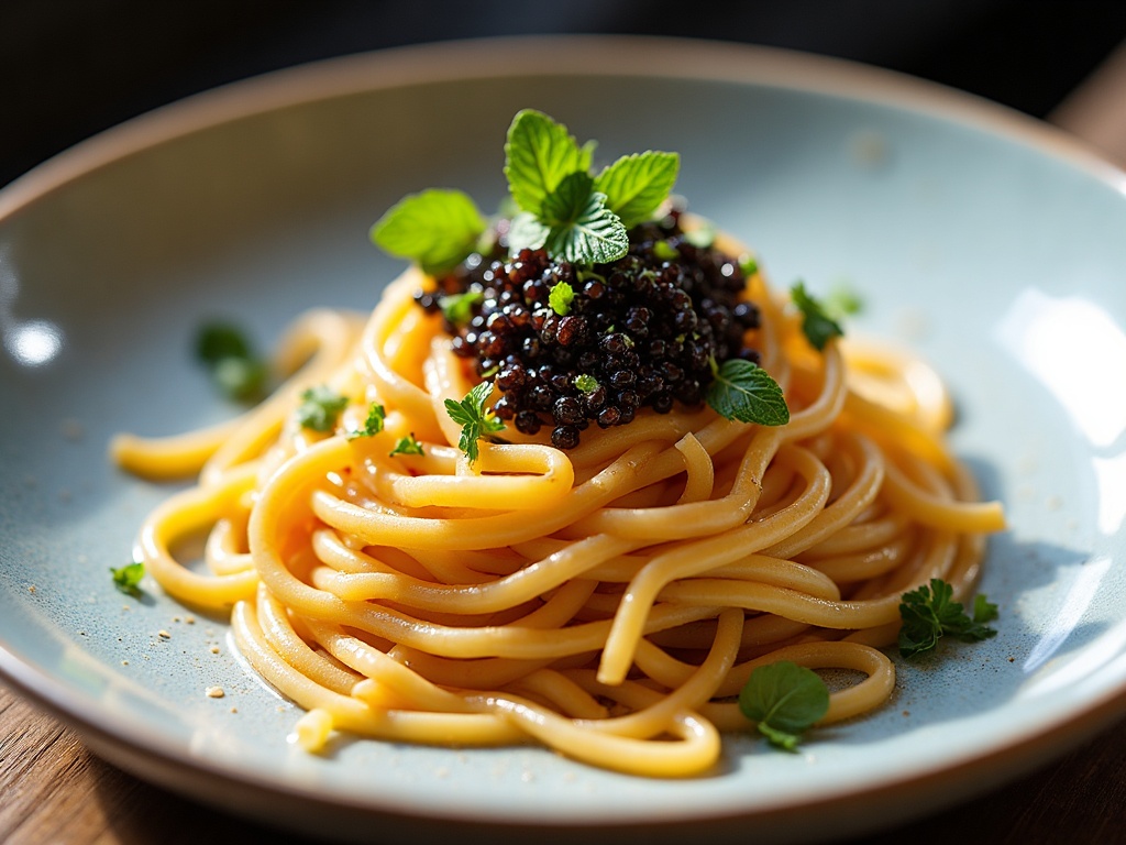 Spaghetti with caviar and brown butter on white plate with lemon wedge and gold spoon