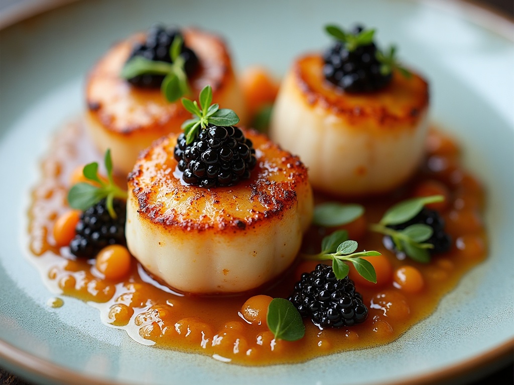 Scallops being seared in stainless steel pan with deep golden caramelised crust