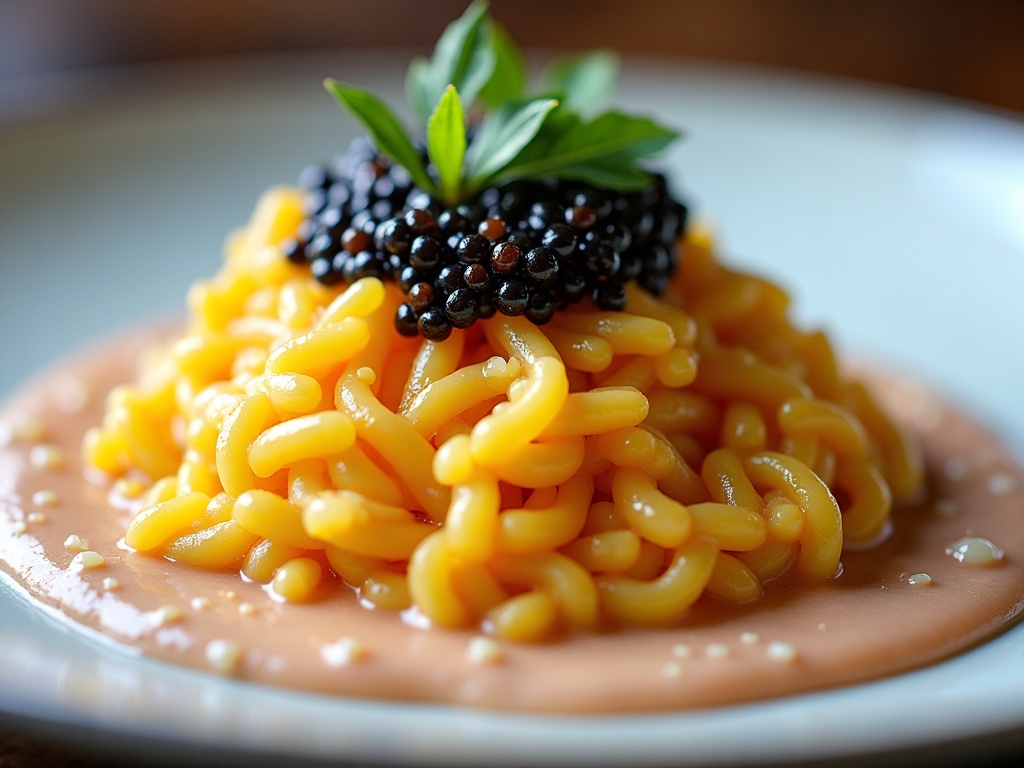Saffron risotto with caviar topping in shallow bowl