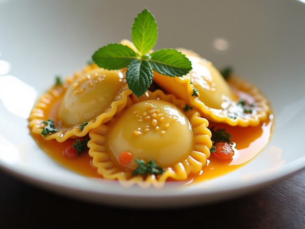 Caviar ravioli with brown butter and sage on white plate