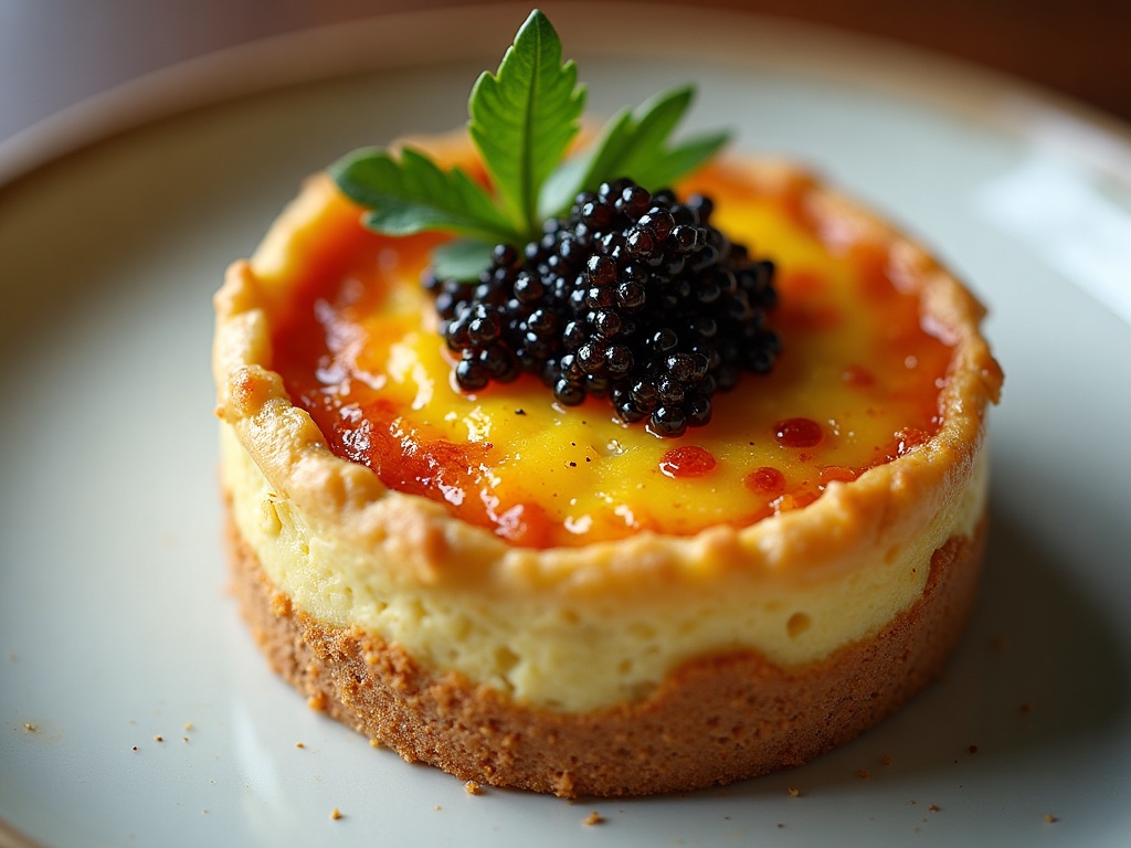Quiche Lorraine with caviar topping