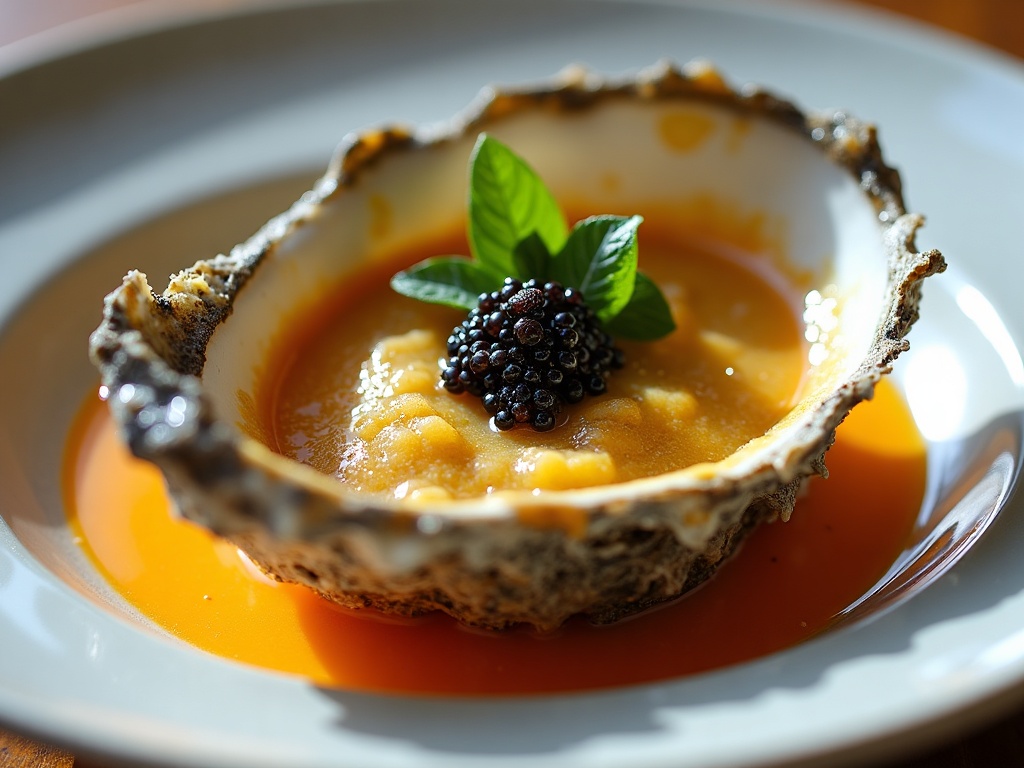 Oyster soup with caviar topping in white bowl