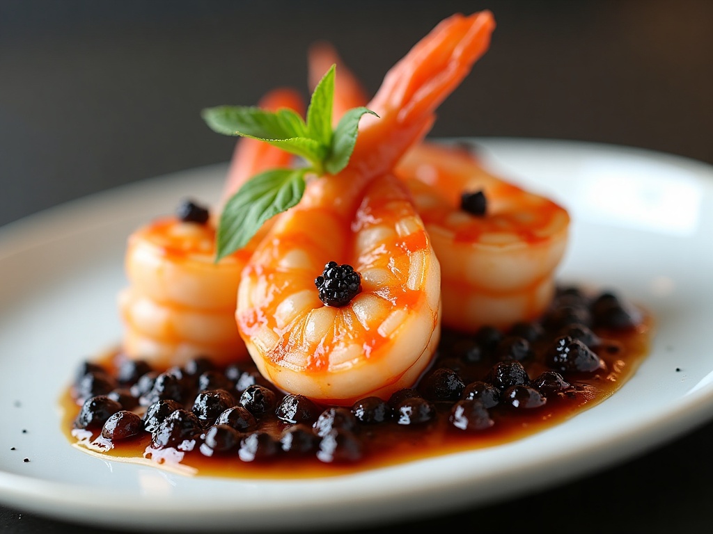 Prawn cocktail with caviar in martini glass with lemon wedge