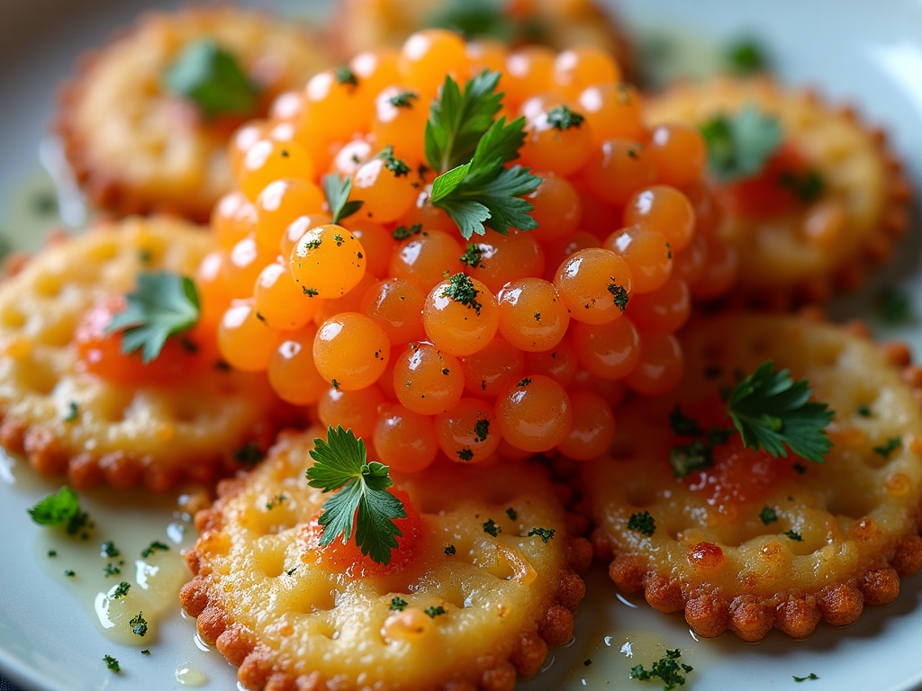 Hand picking up a single caviar crisp from white plate