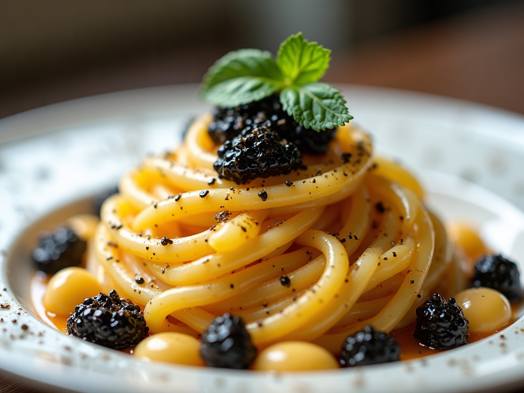 Spaghetti carbonara topped with caviar and black pepper