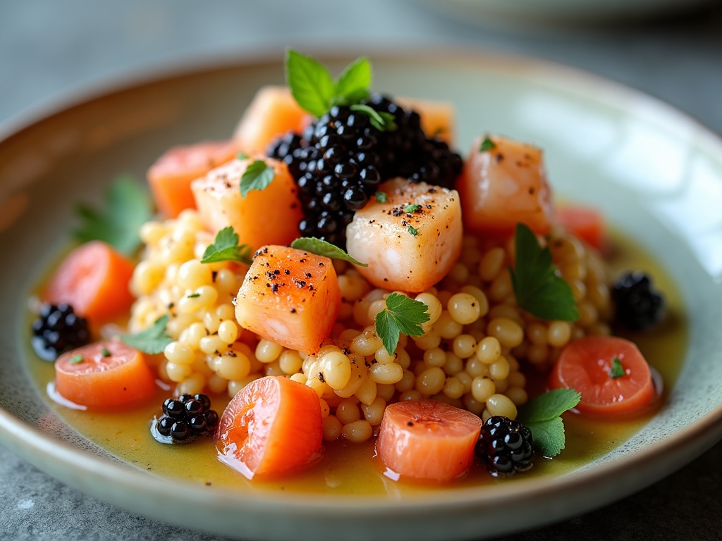 Lobster salad with caviar topping on white plate