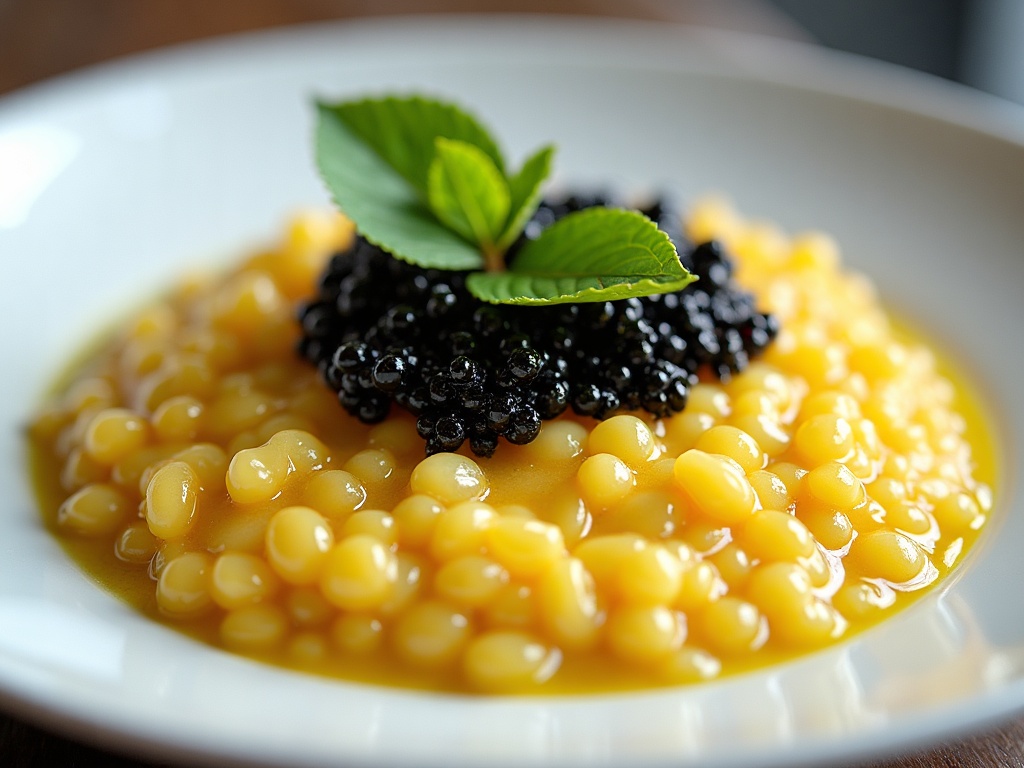 Lemon risotto with caviar in shallow white bowl