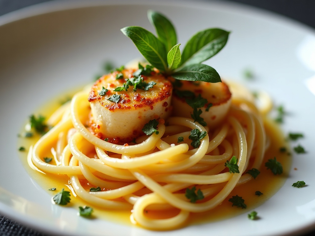 Lemon linguine with caviar in shallow white bowl with chives