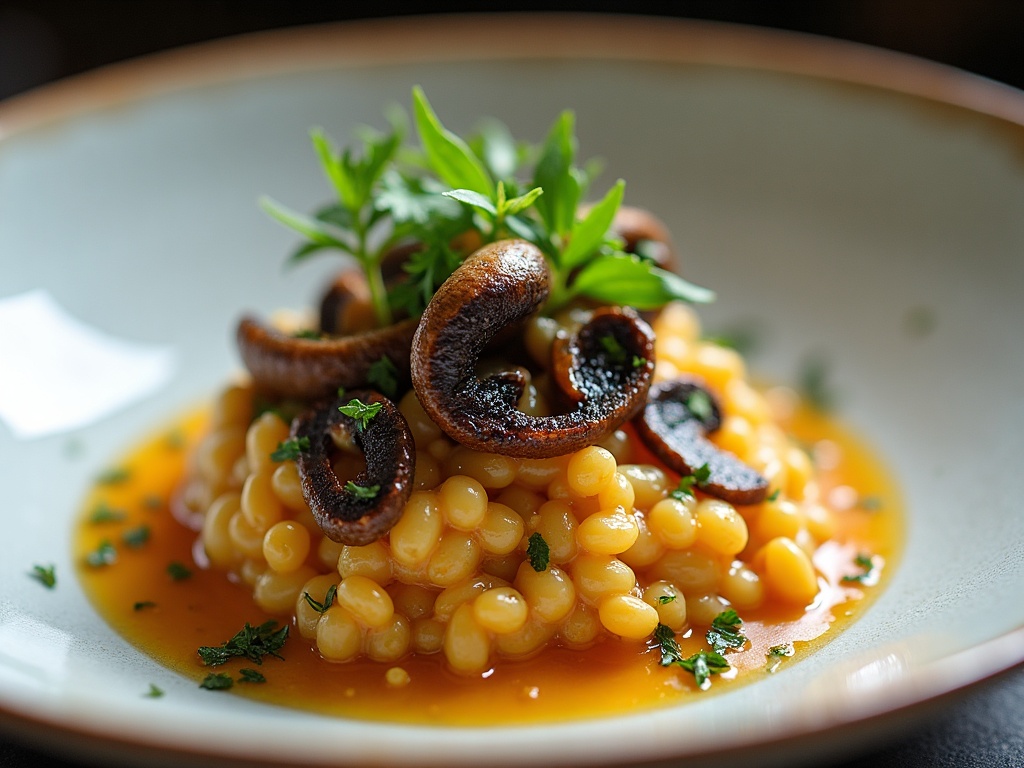 Wild mushroom risotto with caviar in shallow bowl