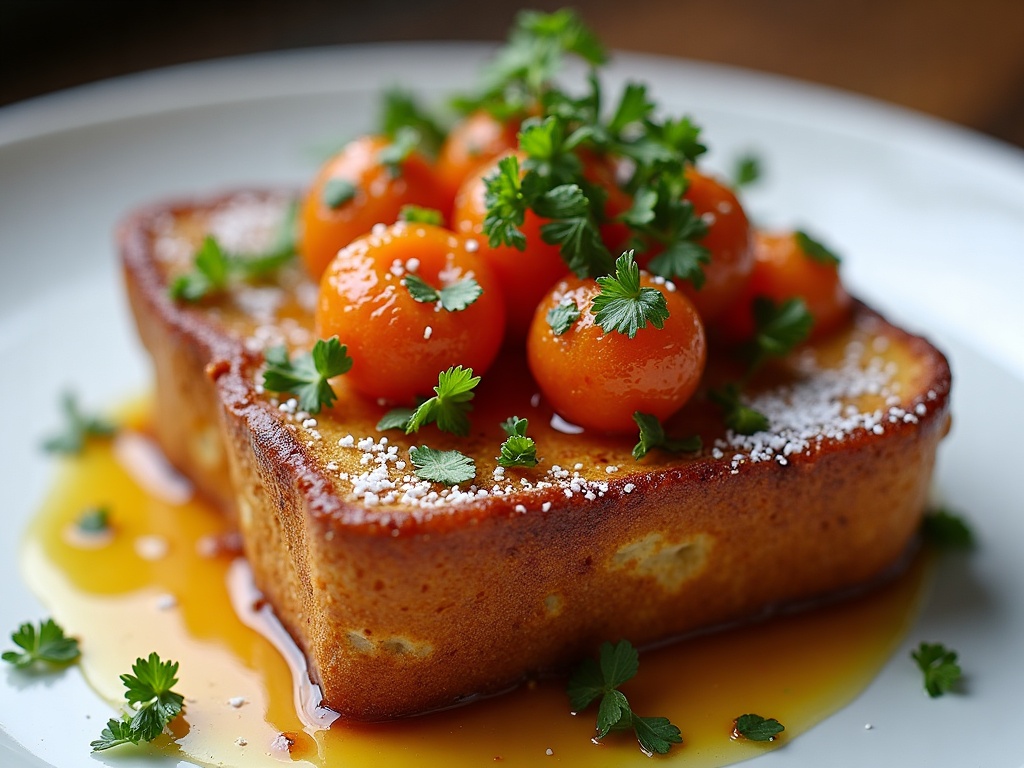 Savoury French toast with caviar and crème fraîche on white plate