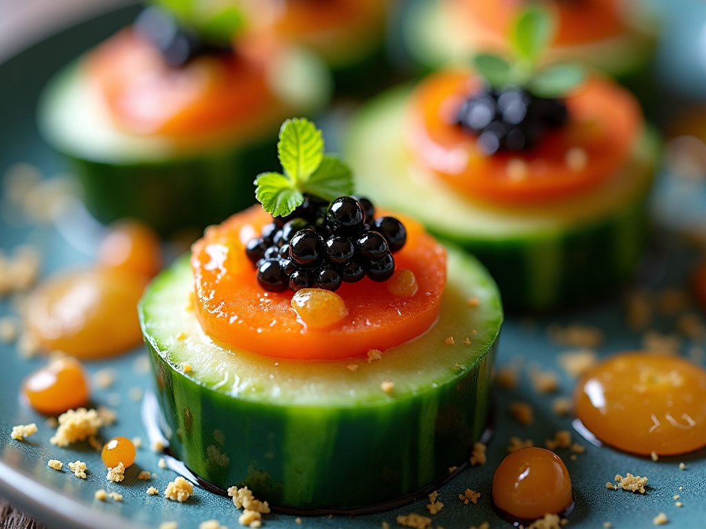 Cucumber rounds topped with crème fraîche and caviar on white plate, cocktail party canapé