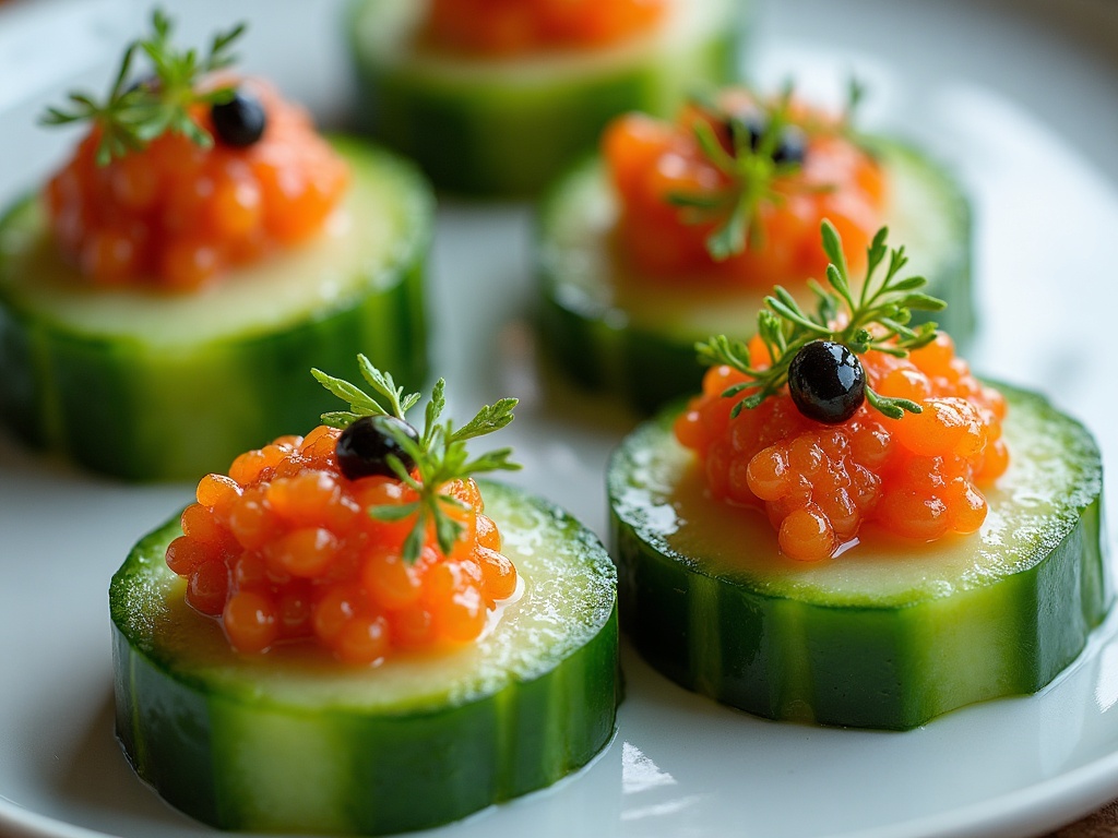 Hand placing dill garnish on cucumber and caviar canapés