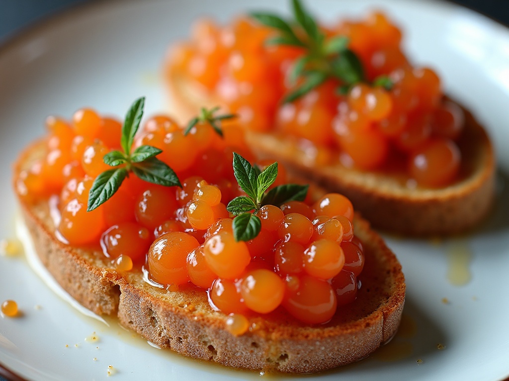 Hand placing caviar on crostini with mother-of-pearl spoon