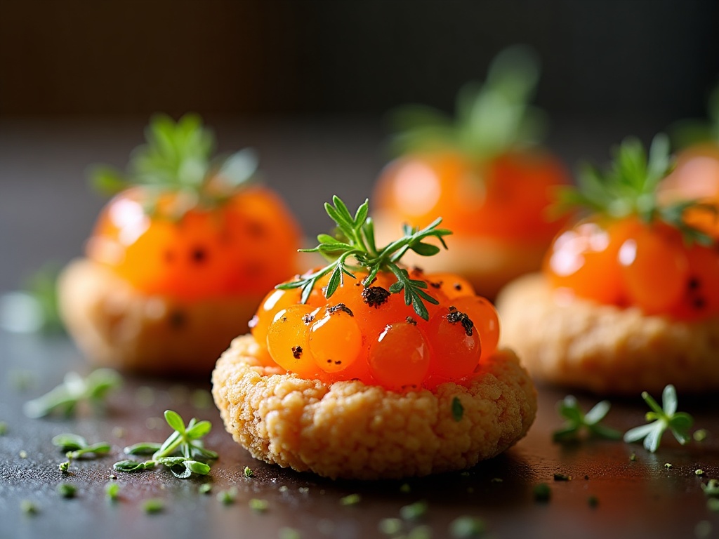 Christmas caviar canapé spread on dark wooden board with vodka shot glasses and gold spoons