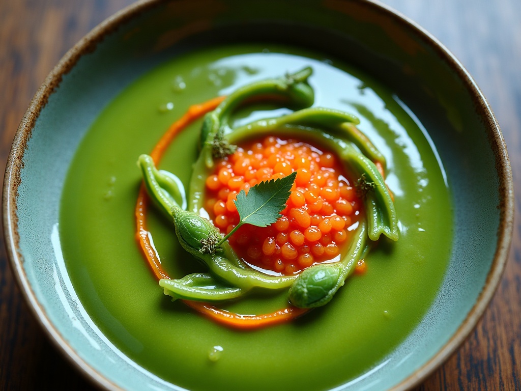 Chilled pea soup with caviar in white bowl