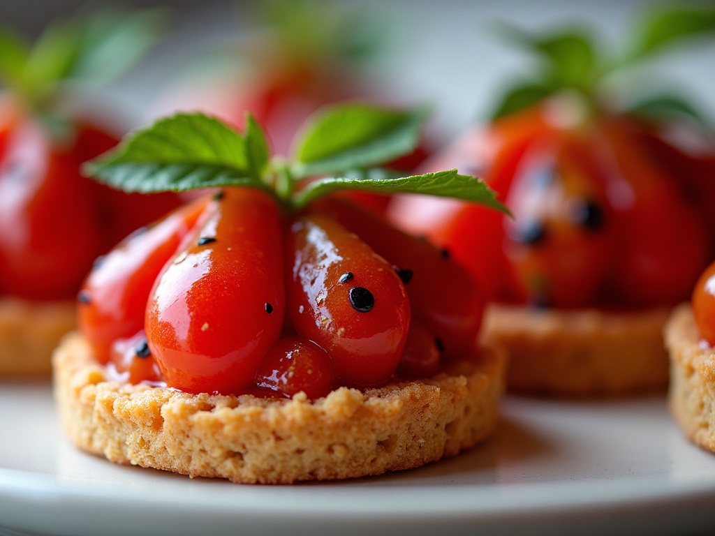 Cherry tomatoes stuffed with crème fraîche and caviar on platter
