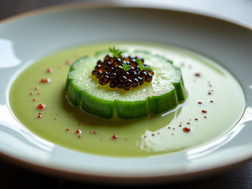 Chilled cucumber soup with caviar topping