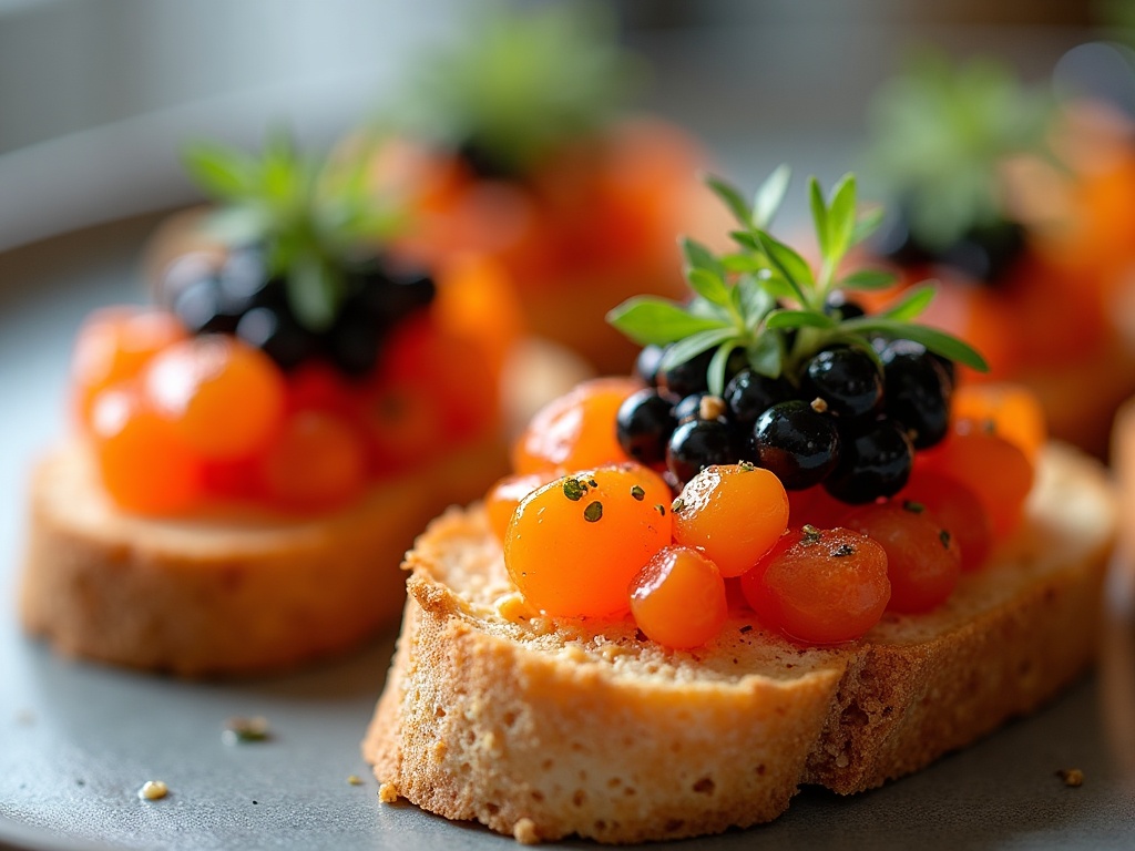 Three caviar crostini varieties on white plate, restaurant style
