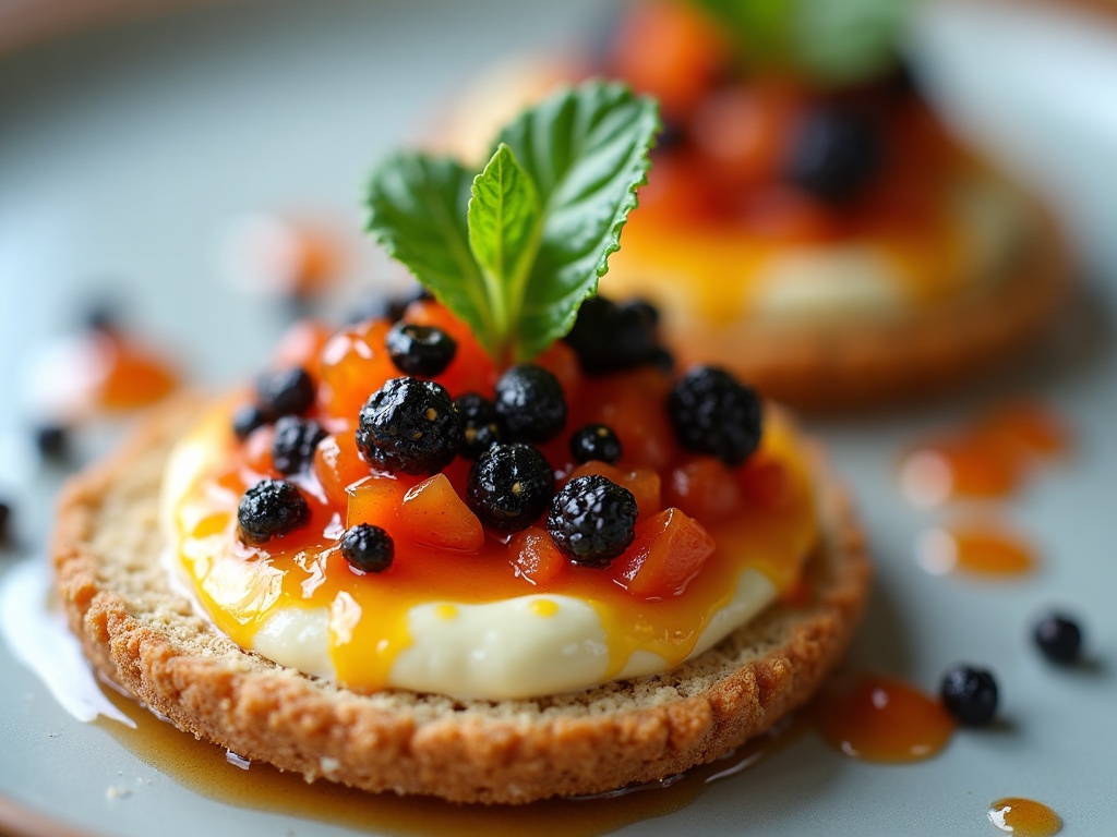 Warm buckwheat blini topped with thick crème fraîche and Oscietra caviar on dark slate