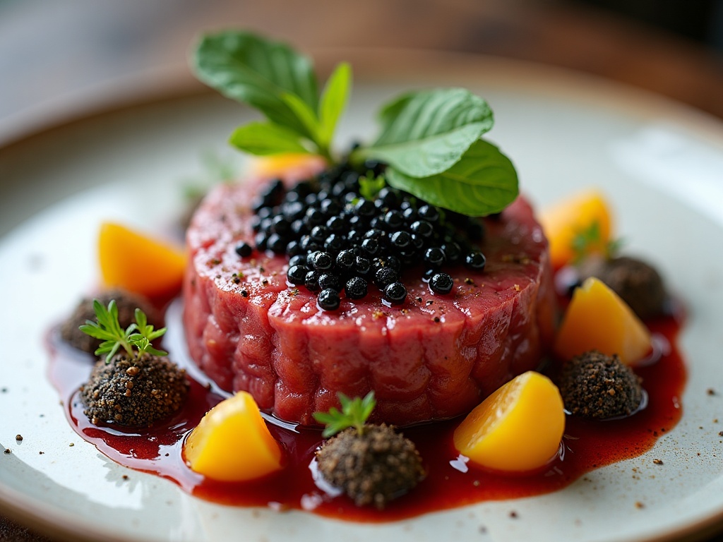 Beef tartare with caviar topping in shallow bowl with toasted bread, restaurant style