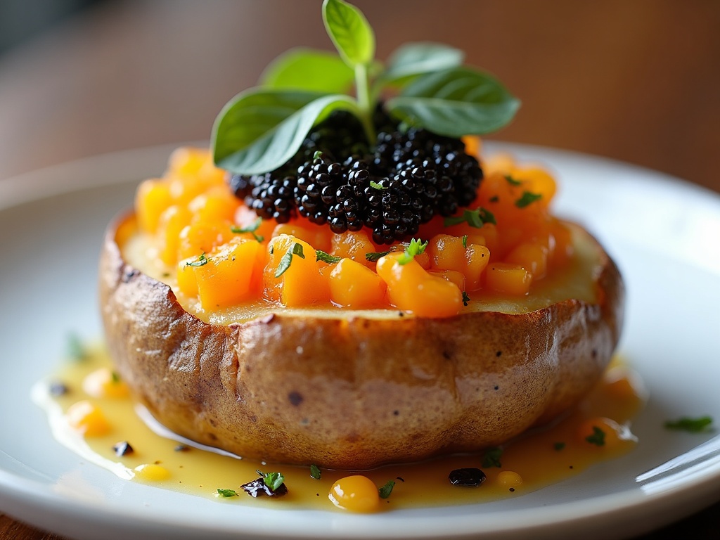 Baked potato cut open with butter melting into fluffy interior