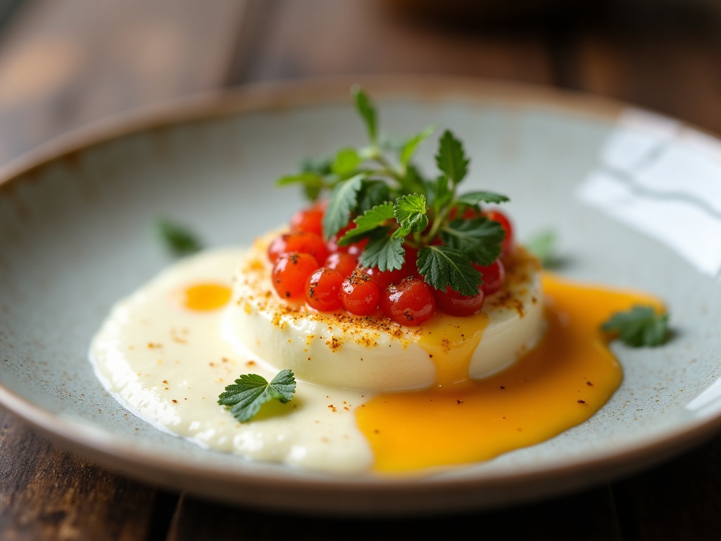 Baked egg in cream with caviar in white ramekin