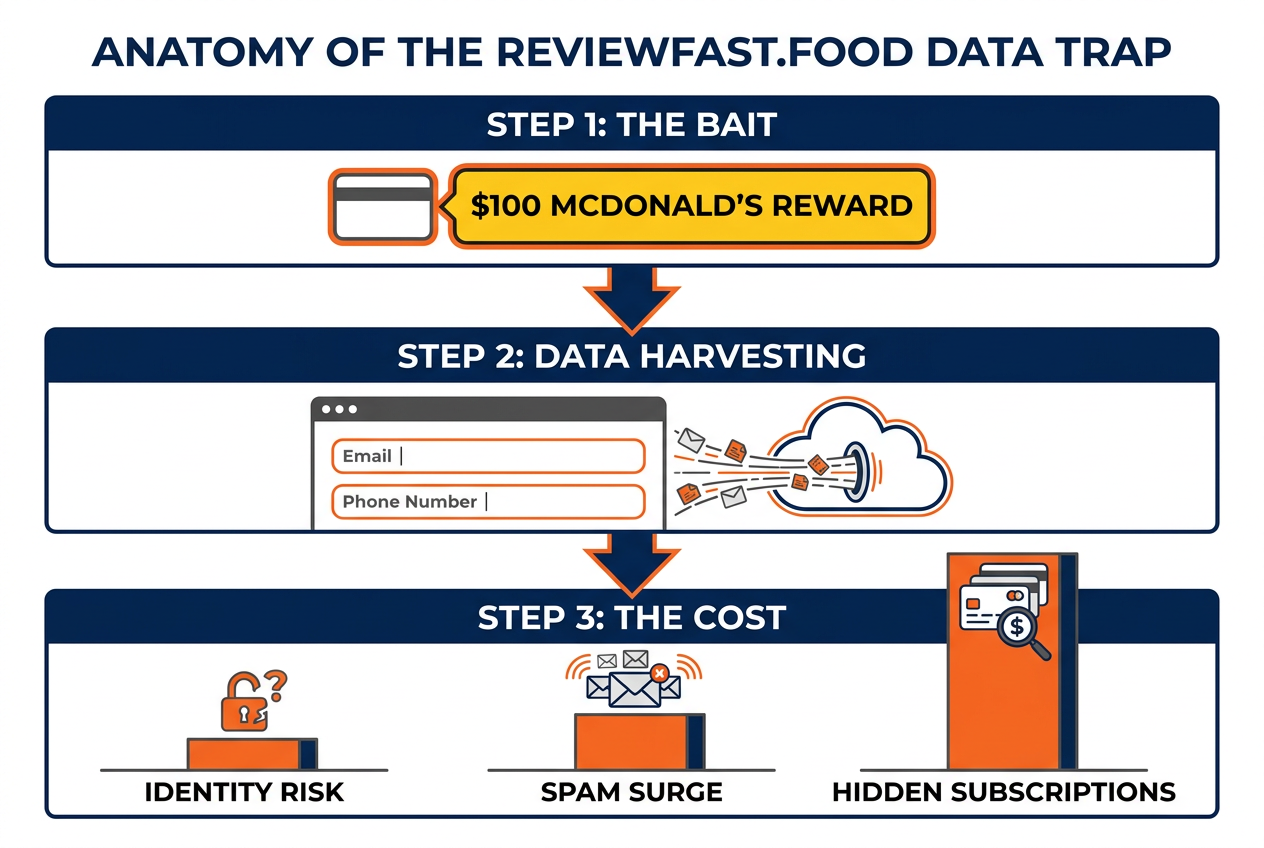 A detailed diagram titled Anatomy of the ReviewFast.Food Data Trap showing stages of a data harvesting scam funnel from bait to hidden costs.