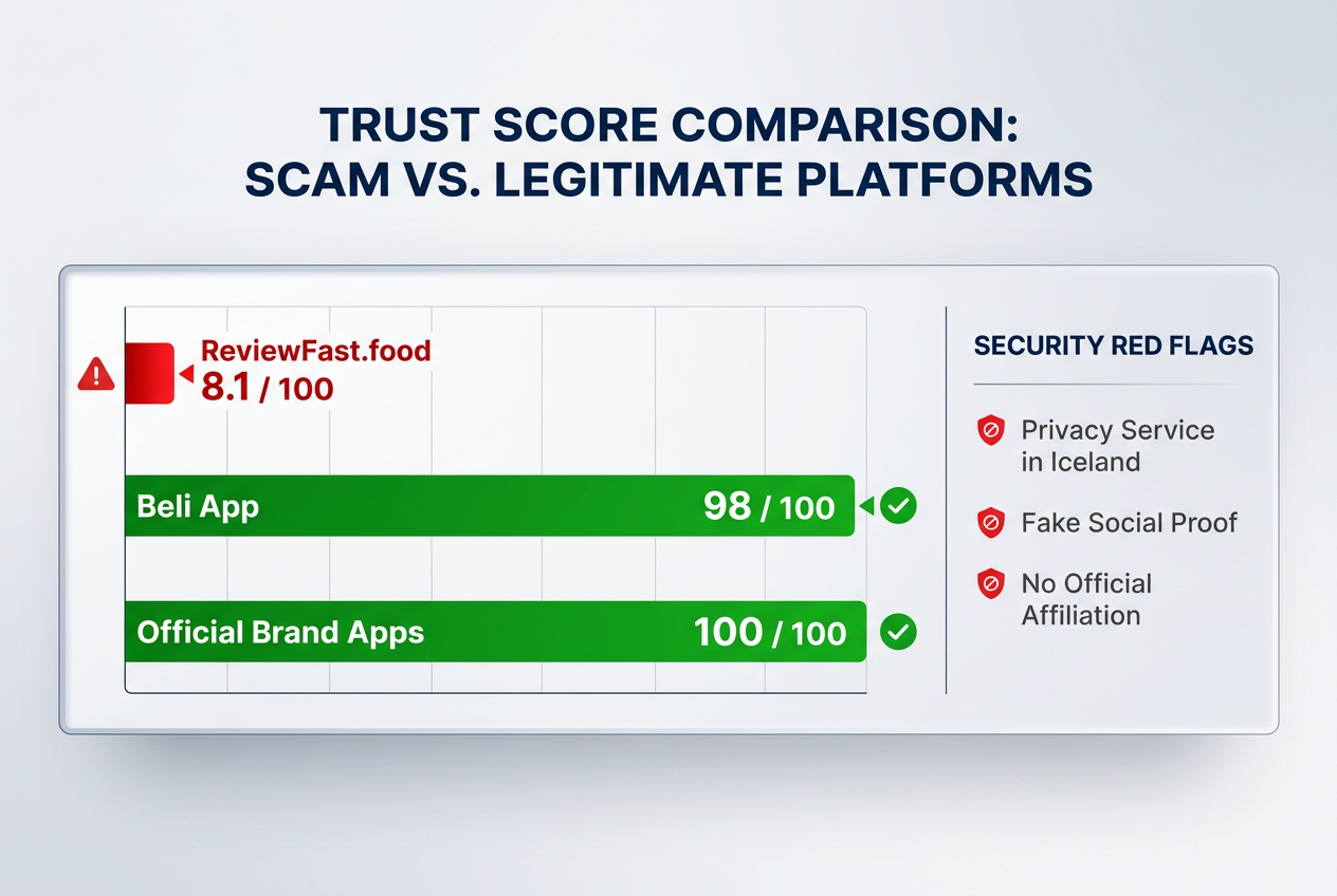 A trust score comparison chart showing ReviewFast.food at a low 8.1 score compared to high scores for legitimate apps like Beli and official brands.