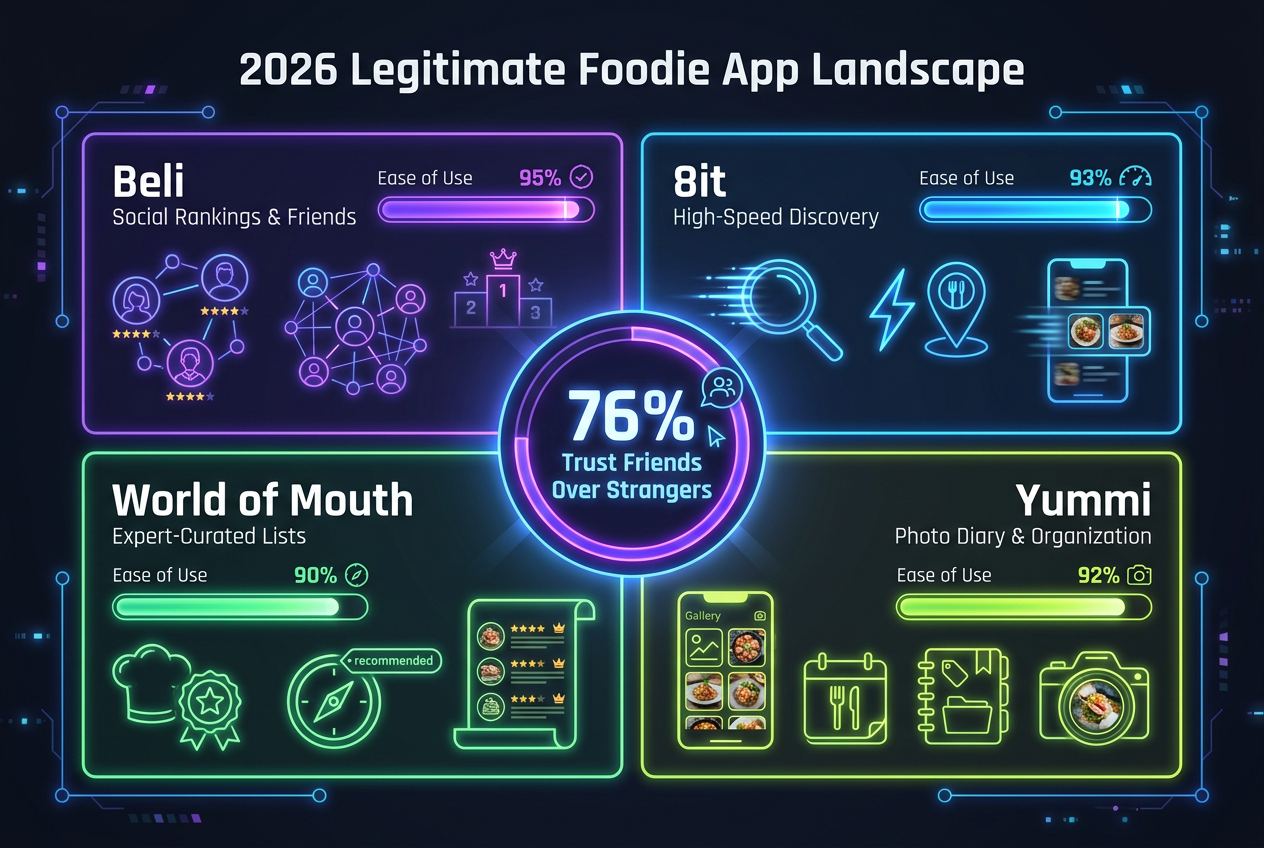 A 2026 foodie app comparison matrix featuring Beli, 8it, World of Mouth, and Yummi with their primary benefits and user trust statistics.