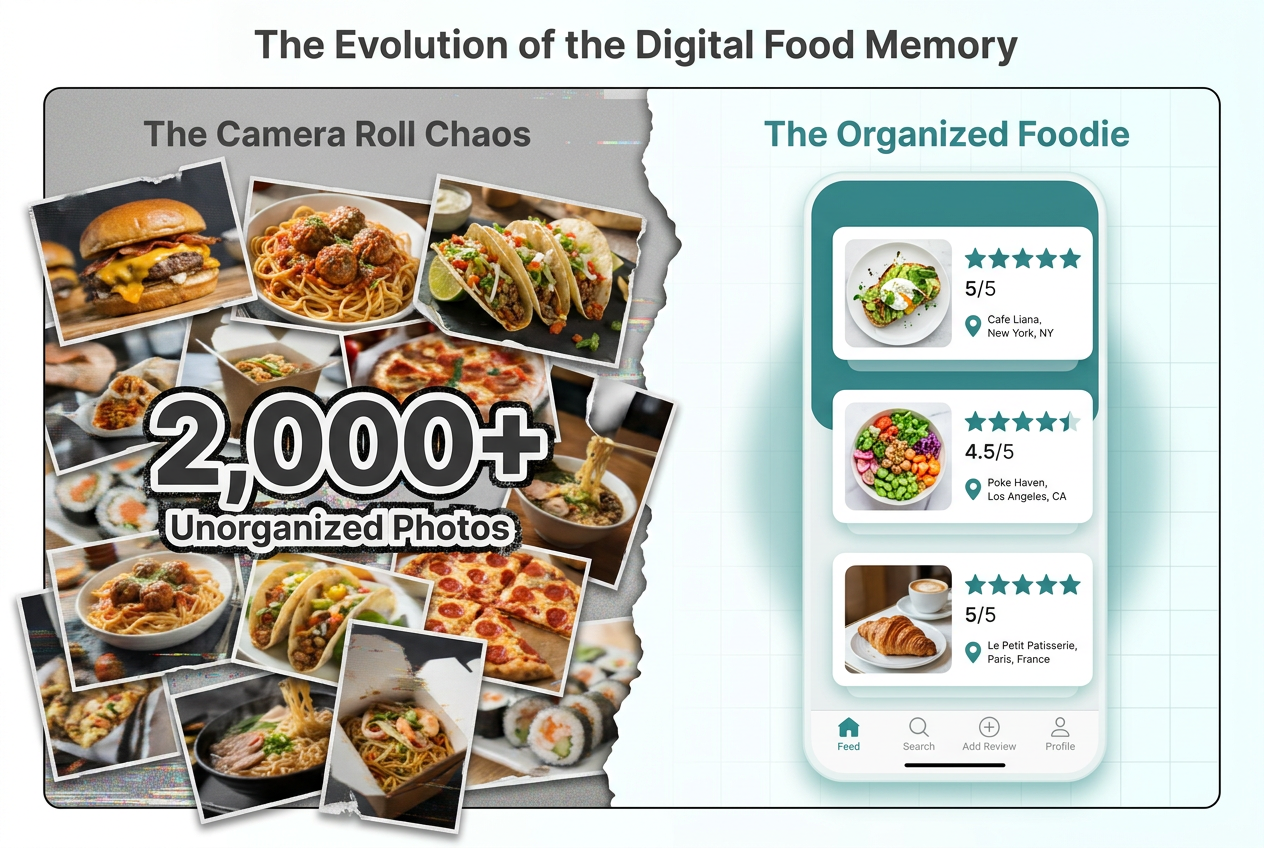 A split-screen comparison showing a cluttered phone camera roll versus an organized restaurant tracking app interface for serious foodies.