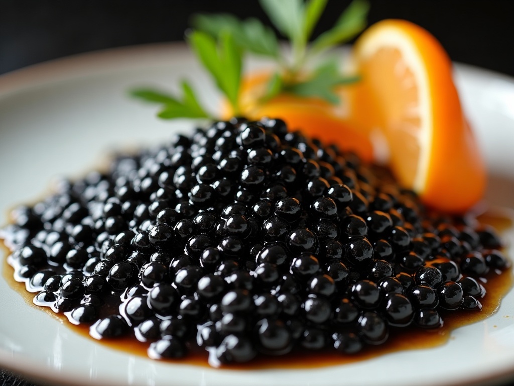 Close-up of pearl-grey Beluga Reserve caviar eggs, briny and buttery