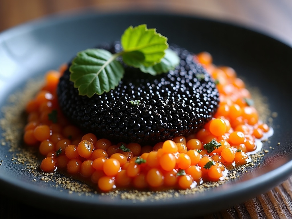 Almas Diamond caviar, golden mirror-clear pearls from albino sturgeon