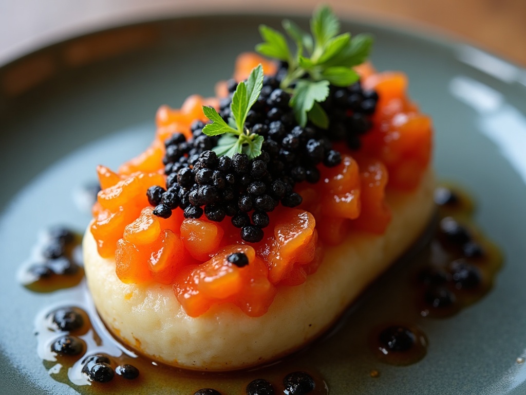 Caviar canapés on cocktail blinis on a plate