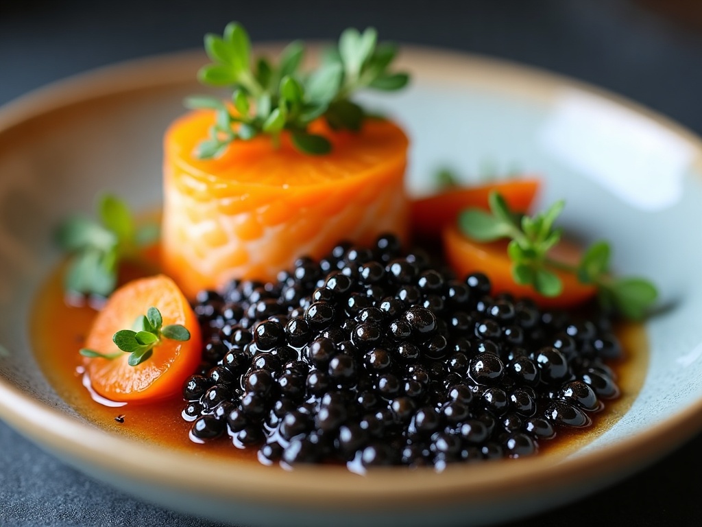 Caviar served on blinis with lemon garnish in an elegant dish
