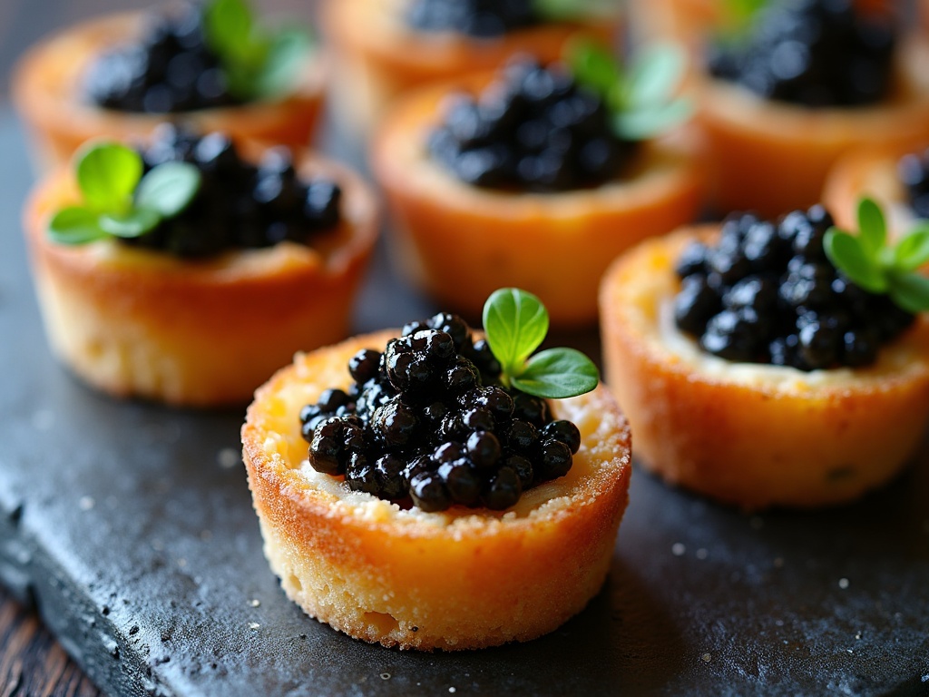 Devilled eggs topped with caviar and chives, arranged in rows on white plate