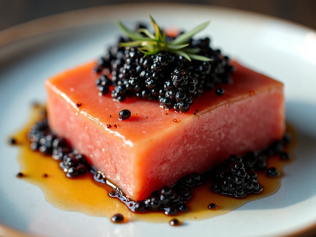 Seared tuna with caviar on white plate