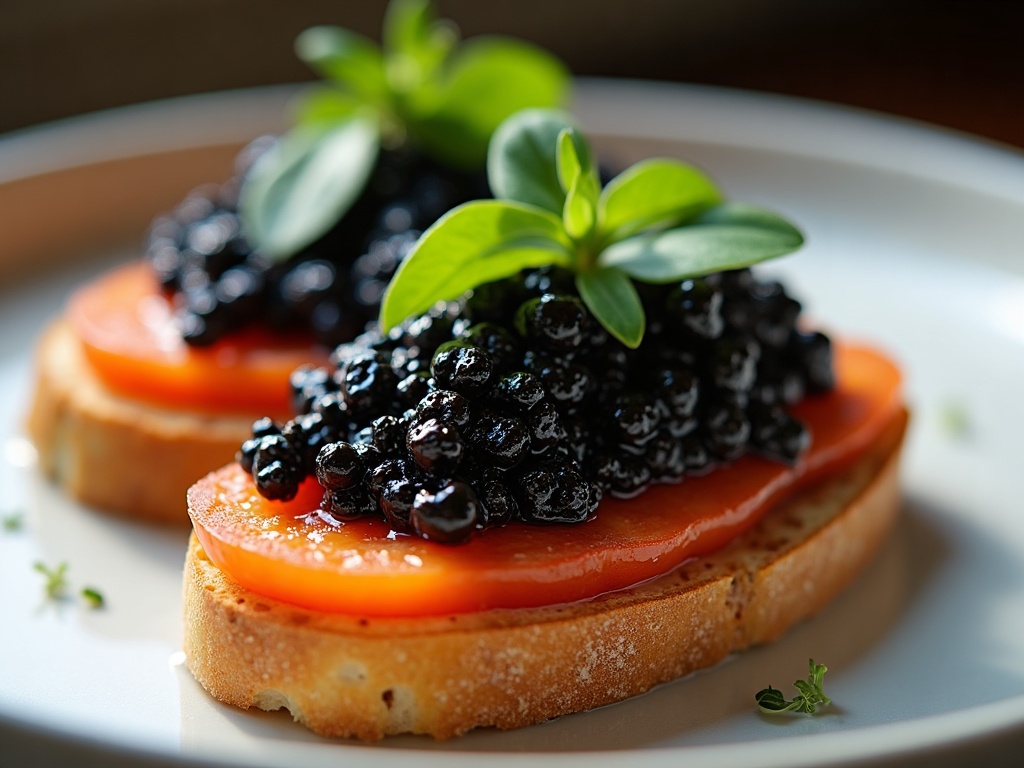 Caviar toast points triangles on silver platter with caviar tin and ice