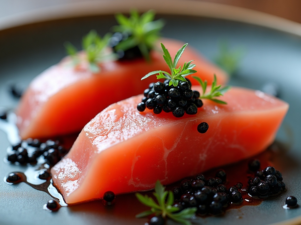 Tuna carpaccio thin slices on plate with caviar and lemon